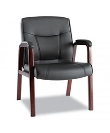 ALERA MADARIS SERIES BONDED LEATHER GUEST CHAIR WITH WOOD TRIM LEGS, 24.88" X 26" X 35", BLACK SEAT/BLACK BACK, MAHOGANY BASE