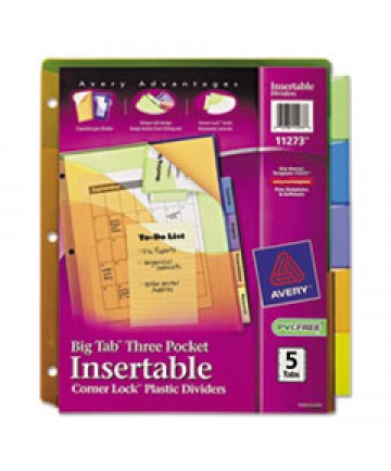 INSERTABLE BIG TAB PLASTIC THREE-POCKET CORNER LOCK DIVIDERS, 5-TAB, 11.13 X 9.25, ASSORTED, 1 SET
