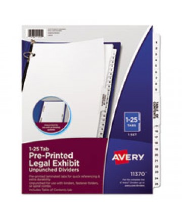 PREPRINTED LEGAL EXHIBIT SIDE TAB INDEX DIVIDERS, AVERY STYLE, 25-TAB, 1 TO 25, 11 X 8.5, WHITE, 1 SET