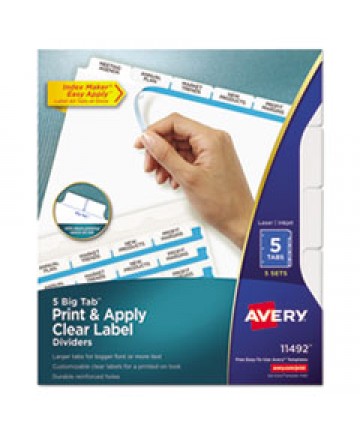 PRINT AND APPLY INDEX MAKER CLEAR LABEL DIVIDERS, 5 WHITE TABS, LETTER, 5 SETS