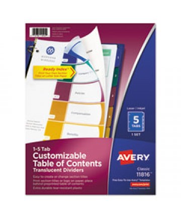 CUSTOMIZABLE TABLE OF CONTENTS READY INDEX DIVIDERS WITH MULTICOLOR TABS, 5-TAB, 1 TO 5, 11 X 8.5, TRANSLUCENT, 1 SET