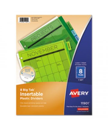INSERTABLE BIG TAB PLASTIC DIVIDERS, 8-TAB, 11 X 8.5, ASSORTED, 1 SET