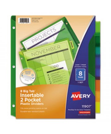 INSERTABLE BIG TAB PLASTIC 2-POCKET DIVIDERS, 8-TAB, 11.13 X 9.25, ASSORTED, 1 SET