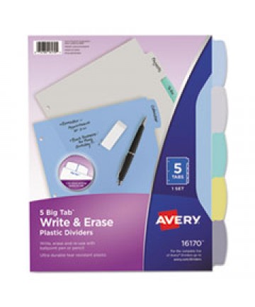 WRITE AND ERASE BIG TAB DURABLE PLASTIC DIVIDERS, 3-HOLD PUNCHED, 5-TAB, 11 X 8.5, ASSORTED, 1 SET