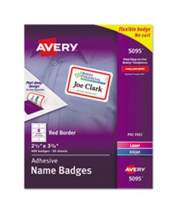 FLEXIBLE ADHESIVE NAME BADGE LABELS, 3.38 X 2.33, WHITE/RED BORDER, 400/BOX