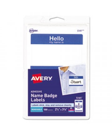 PRINTABLE ADHESIVE NAME BADGES, 3.38 X 2.33, BLUE "HELLO", 100/PACK