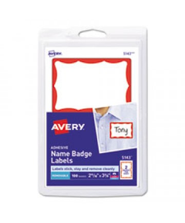 PRINTABLE ADHESIVE NAME BADGES, 3.38 X 2.33, RED BORDER, 100/PACK