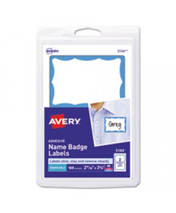 PRINTABLE ADHESIVE NAME BADGES, 3.38 X 2.33, BLUE BORDER, 100/PACK