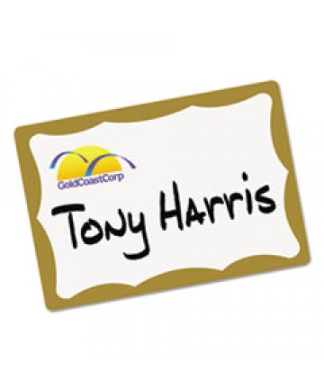 PRINTABLE ADHESIVE NAME BADGES, 3.38 X 2.33, GOLD BORDER, 100/PACK