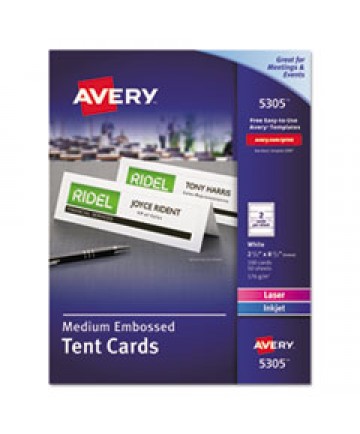 MEDIUM EMBOSSED TENT CARDS, WHITE, 2 1/2 X 8.5, 2 CARDS/SHEET, 100/BOX