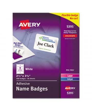 FLEXIBLE ADHESIVE NAME BADGE LABELS, 3.38 X 2.33, WHITE, 400/BOX