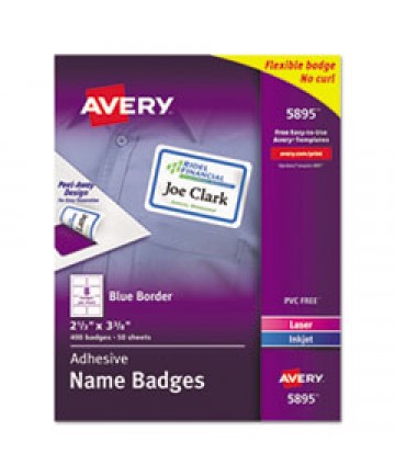 FLEXIBLE ADHESIVE NAME BADGE LABELS, 3.38 X 2.33, WHITE/BLUE BORDER, 400/BOX