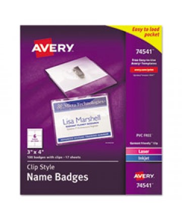 CLIP-STYLE NAME BADGE HOLDER WITH LASER/INKJET INSERT, TOP LOAD, 4 X 3, WHITE, 100/BOX