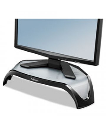 SMART SUITES CORNER MONITOR RISER, FOR 21" MONITORS, 18.5" X 12.5" X 3.88" TO 5.13", BLACK/CLEAR FROST, SUPPORTS 40 LBS