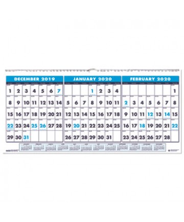 RECYCLED THREE-MONTH HORIZONTAL WALL CALENDAR, 23.5 X 12, 14-MONTH, 2020-2022