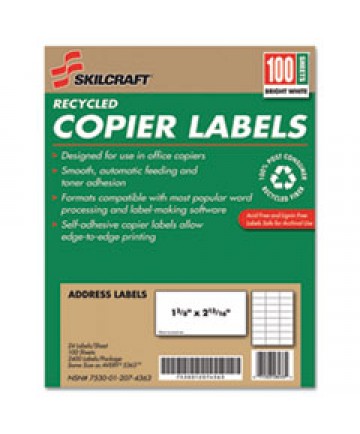 7530012074363 SKILCRAFT RECYCLED COPIER LABELS, COPIERS, 1.38 X 2.81, WHITE, 24/SHEET, 100 SHEETS/BOX