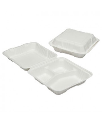 7350016646909, SKILCRAFT, CLAMSHELL HINGED LID TOGO FOOD CONTAINERS, 3 COMPARTMENT, 9 X 9 X 3, WHITE, 200/BOX