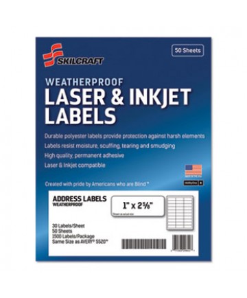 7530016736516 SKILCRAFT WEATHERPROOF MAILING LABELS, LASER PRINTERS, 1 X 2.63, WHITE, 30/SHEET, 50 SHEETS/BOX