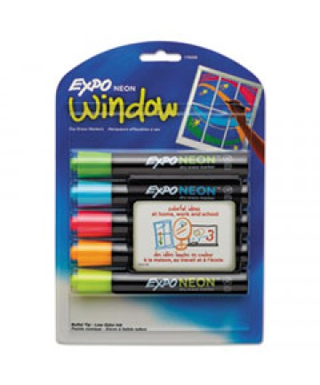 NEON WINDOWS DRY ERASE MARKER, BROAD BULLET TIP, ASSORTED COLORS, 5/PACK