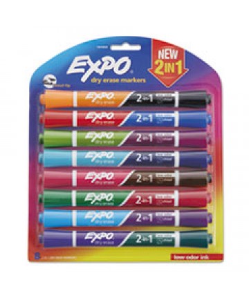 2-IN-1 DRY ERASE MARKERS, BROAD/FINE CHISEL TIP, ASSORTED COLORS, 8/PACK