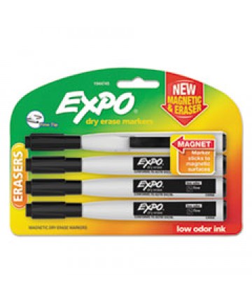MAGNETIC DRY ERASE MARKER, FINE BULLET TIP, BLACK, 4/PACK