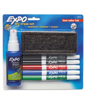 DRY ERASE MARKER, ERASER AND CLEANER KIT, FINE BULLET TIP, ASSORTED COLORS, 5/SET