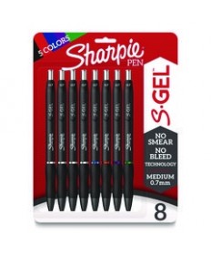 S-Gel High-Performance Gel Pen, Retractable, Medium 0.7 mm, Assorted Ink Colors, Black Barrel, 8/Pack