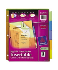 INSERTABLE BIG TAB PLASTIC THREE-POCKET CORNER LOCK DIVIDERS, 5-TAB, 11.13 X 9.25, ASSORTED, 1 SET