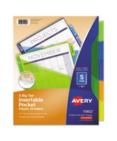 INSERTABLE BIG TAB PLASTIC 1-POCKET DIVIDERS, 5-TAB, 11.13 X 9.25, ASSORTED, 1 SET