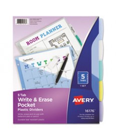 WRITE AND ERASE DURABLE PLASTIC DIVIDERS WITH POCKET, 3-HOLD PUNCHED, 5-TAB, 11.13 X 9.25, ASSORTED, 1 SET