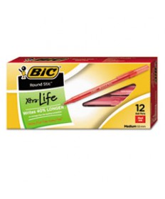 ROUND STIC XTRA LIFE STICK BALLPOINT PEN, 1 MM, RED INK, TRANSLUCENT RED BARREL, DOZEN