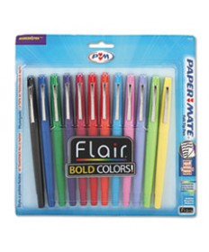 POINT GUARD FLAIR STICK POROUS POINT PEN, MEDIUM 0.7MM, ASSORTED INK/BARREL, 12/SET