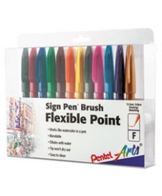 SIGN PEN FLEXIBLE POINT MARKER PEN, FINE BRUSH TIP, ASSORTED COLORS, DOZEN