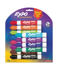 LOW ODOR DRY ERASE VIBRANT COLOR MARKERS, BROAD CHISEL TIP, ASSORTED COLORS, 12/SET