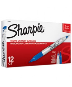 TWIN-TIP PERMANENT MARKER, FINE/EXTRA-FINE BULLET TIP, BLUE, DOZEN