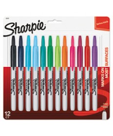 RETRACTABLE PERMANENT MARKER, FINE BULLET TIP, ASSORTED COLORS, 12/SET