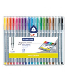 TRIPLUS FINELINER STICK POROUS POINT PEN, EXTRA-FINE NEEDLE TIP, 0.3MM, ASSORTED INK, SILVER BARREL, 20/SET